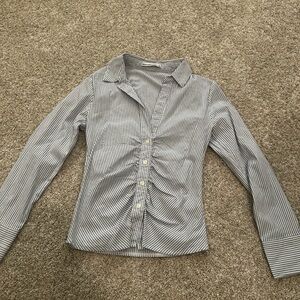 Abercrombie & Fitch Light Blue and White Striped Ruched Poplin Top